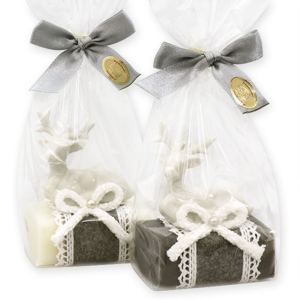 Schafmilchseife eckig 100g dekoriert mit Hirsch in Cello, Classic/Christrose 