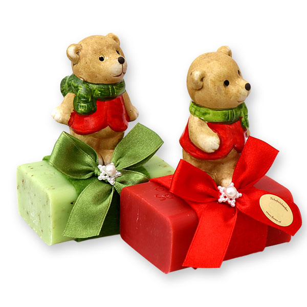 Sheep milk soap 100g decorated with a bear, Pomegranate/verbena 