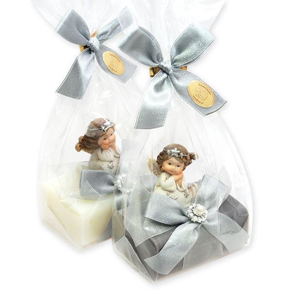 Schafmilchseife eckig 100g dekoriert mit Engel in Cello, Classic/Christrose 