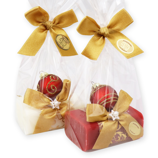 Sheep milk soap 100g decorated with a glass christmas ball in a cellophane, Classic/pomegranate 