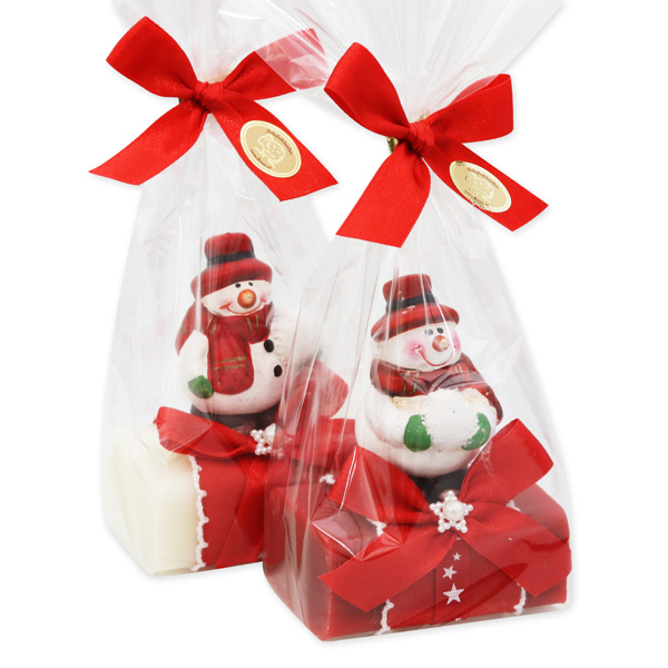 Sheep milk soap 100g, decorated with a snowman in a cellophane, Classic/pomegranate 