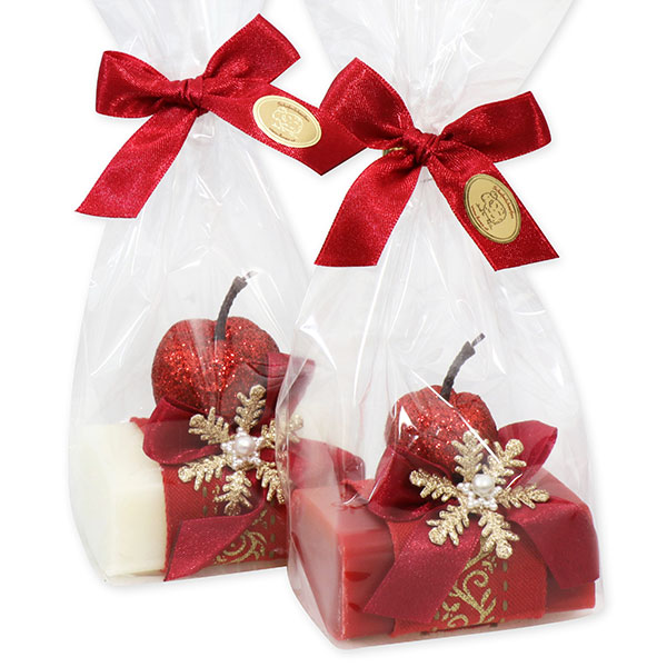 Schafmilchseife eckig 100g dekoriert mit Glitzerapfel in Cello, Classic/Granatapfel 