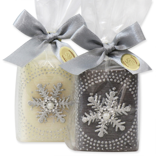 Schafmilchseife eckig 100g dekoriert mit Schneeflocke, in Cello Classic/Christrose 