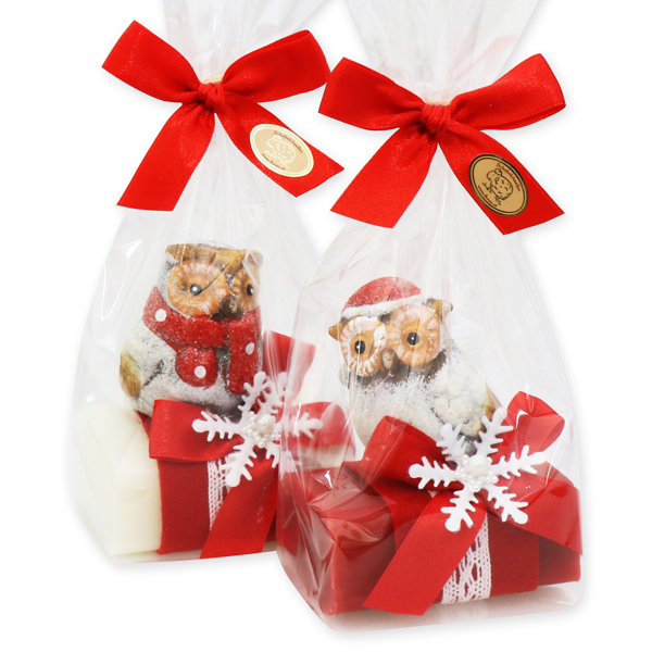 Sheep milk soap 100g decorated with an owl in a cellophane, Classic/pomegranate 