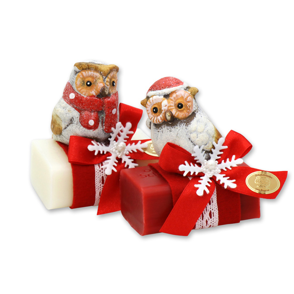 Sheep milk soap 100g decorated with an owl, Classic/pomegranate 