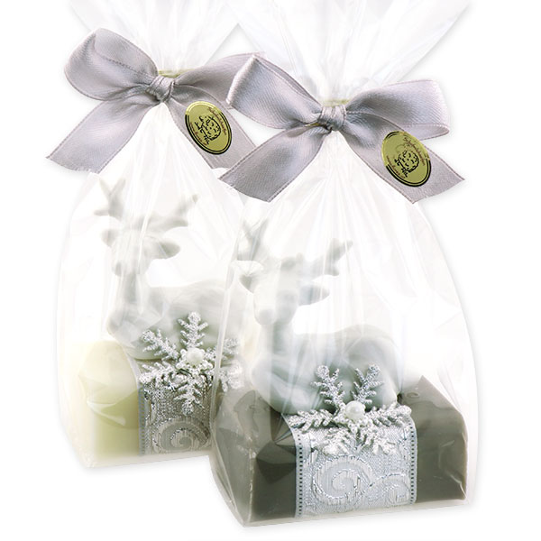 Schafmilchseife eckig 100g dekoriert mit Hirsch in Cello, Classic/Christrose 