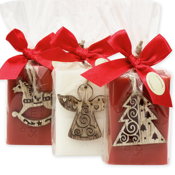 Schafmilchseife eckig 100g dekoriert mit weihnachtliche Motive in Cello, Classic/Granatapfel 