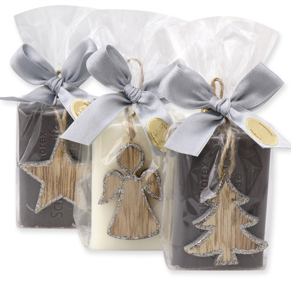 Sheep milk soap 100g, decorated with christmas motives in a cellophane, Classic/christmas rose silver 