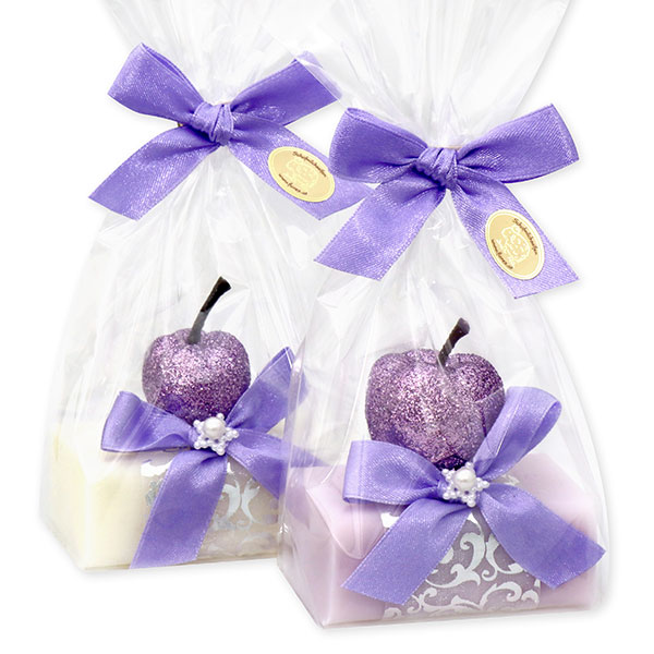 Schafmilchseife eckig 100g dekoriert mit Glitzerapfel in Cello, Classic/Flieder 