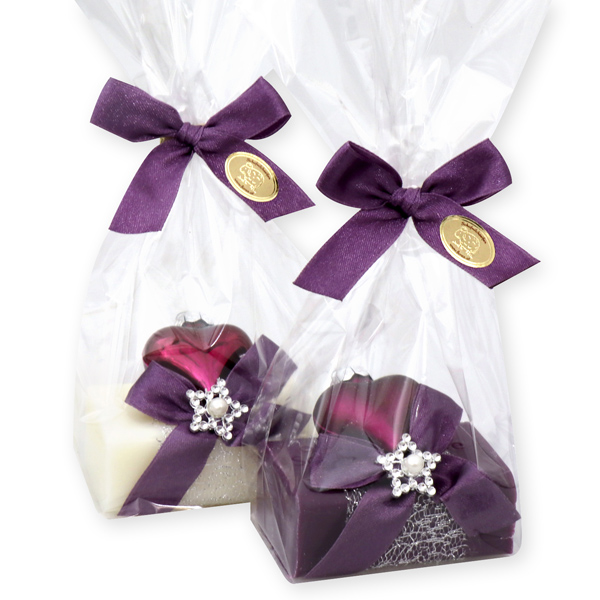 Sheep milk soap 100g, decorated with a glass christmas heart in a cellophane, Classic/elderberry 