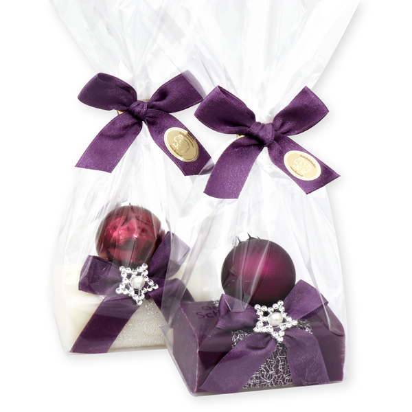 Sheep milk soap 100g, decorated with a glass christmas heart in a cellophane, Classic/elderberry 