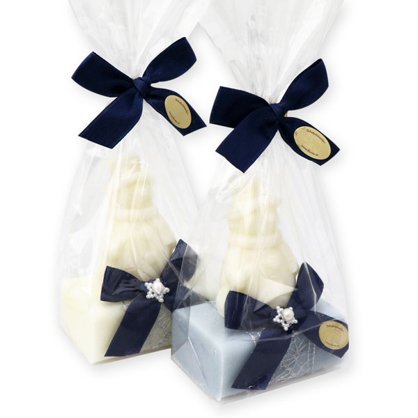 Sheep milk soap 100g decorated with a soap snowman 40g in a cellophane, Classic/ice flower 