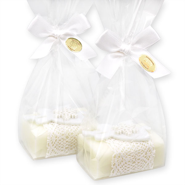 Schafmilchseife eckig 100g dekoriert mit Filzengel in Cello, Classic 