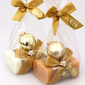 Schafmilchseife eckig 100g dekoriert mit Glaskugel in Cello, Classic/Quitte 