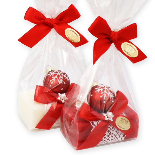 Sheep milk soap 100g, decorated with a glass christmas ball in a cellophane, Classic/pomegranate 