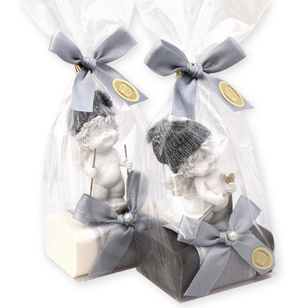 Sheep milk soap 100g decorated with an angel-Igor in a cellophane, Christmas rose white/silver 