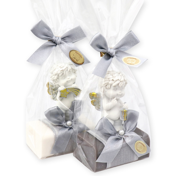 Sheep milk soap 100g decorated with an angel-Igor in a cellophane, Christmas rose white/silver 