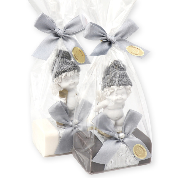 Sheep milk soap 100g decorated with an angel-Igor in a cellophane, Christmas rose white/silver 