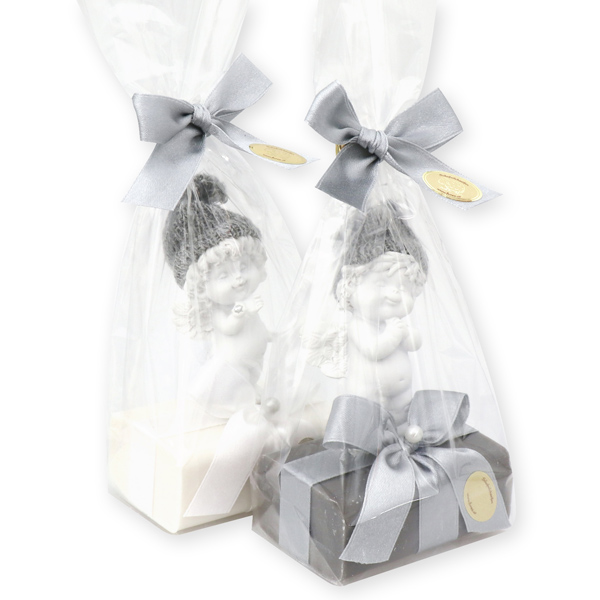 Sheep milk soap 100g decorated with an angel-Igor in a cellophane, Christmas rose white/silver 