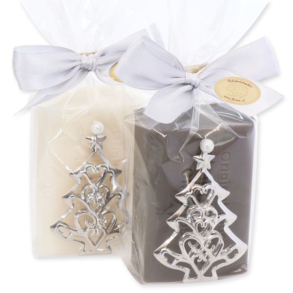 Sheep milk soap 100g decorated with a tree in a cellophane, Classic/Christmas rose silver 