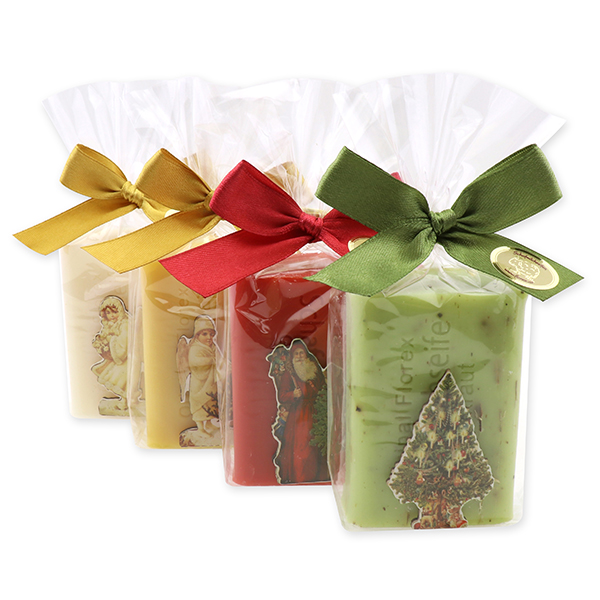 Schafmilchseife eckig 100g dekoriert mit Weihnachtsmotiv in Cello, sortiert 