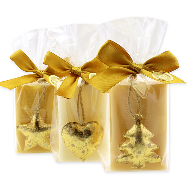Schafmilchseife eckig 100g dekoriert mit Weihnachtsmotiv in Cello, Classic/Zirbe 