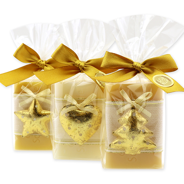 Schafmilchseife eckig 100g dekoriert mit Weihnachtsmotiv in Cello, Classic/Zirbe 