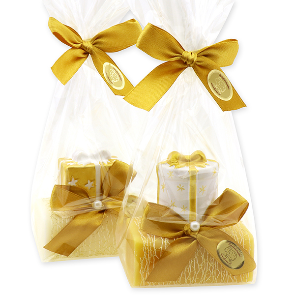Schafmilchseife eckig 100g dekoriert mit Packerl in Cello, Classic/Zirbe 