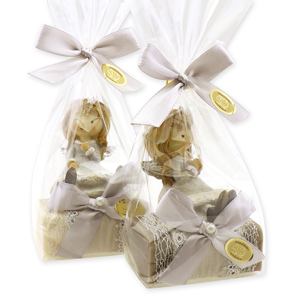 Schafmilchseife eckig 100g dekoriert mit Engel in Cello, Schneerose/Christrose 