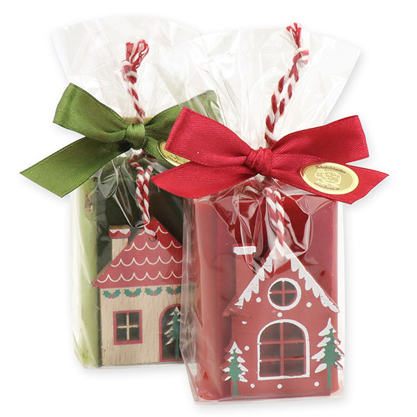 Sheep milk soap 100g decorated with a house in a cellophane, Verbena/pomegranate 