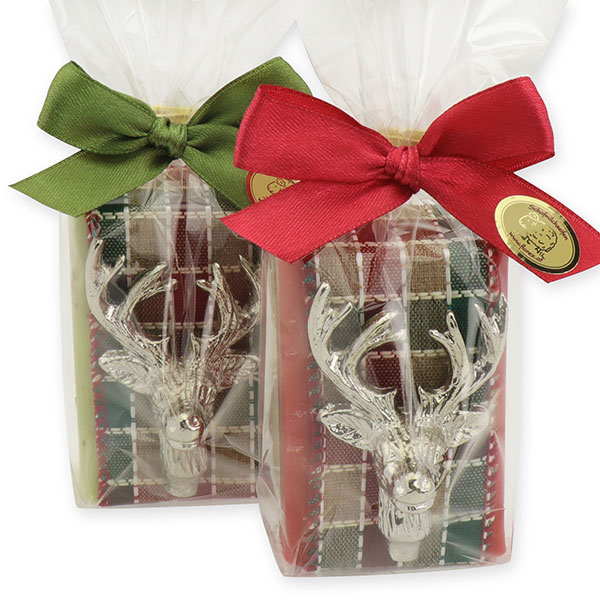 Sheep milk soap 100g, decorated with a deer head in a cellophane, Verbena/pomegranate 