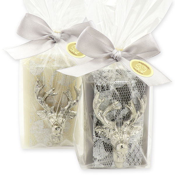 Sheep milk soap 100g decorated with a deer head in a cellophane, Classic/christmas rose 