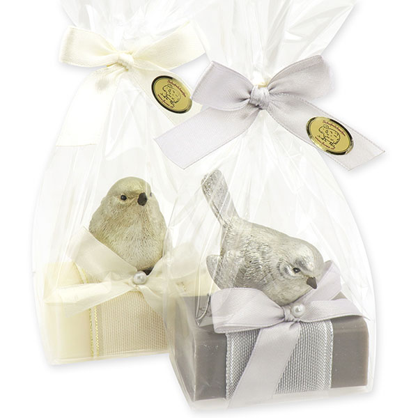 Sheep milk soap 100g decorated with a bird in a cellophane, Classic/christmas rose silver 