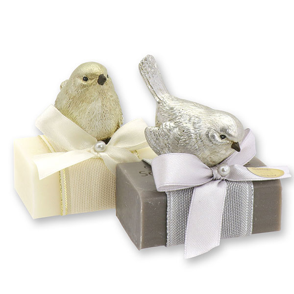 Sheep milk soap 100g decorated with a bird, Classic/christmas rose silver 