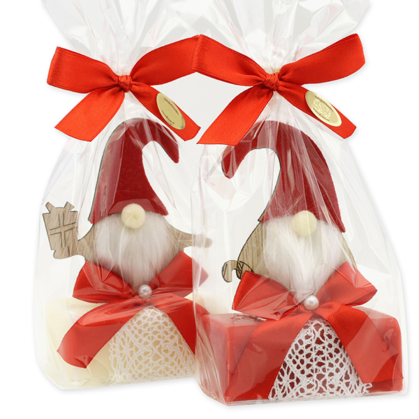Schafmilchseife eckig 100g dekoriert mit Wichtel in Cello, Classic/Granatapfel 