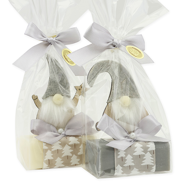 Schafmilchseife eckig 100g dekoriert mit Wichtel in Cello, Classic/Christrose 