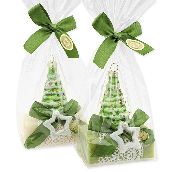 Sheep milk soap square 100g decorated with a glastree in a cellophane, Classic/verbena 