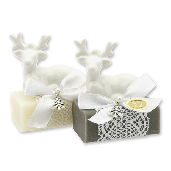 Sheep milk soap 100g decorated with a deer, Classic/Christmas rose silver 