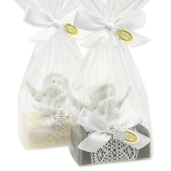 Sheep milk soap 100g decorated with an angel in a cellophane, Classic/Christmas rose silver 