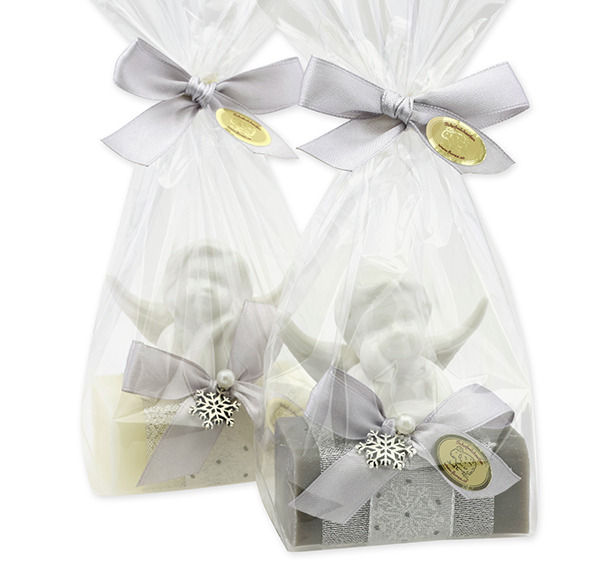 Sheep milk soap 100g decorated with a gnome in a cellophane, Classic/Christmas rose silver 