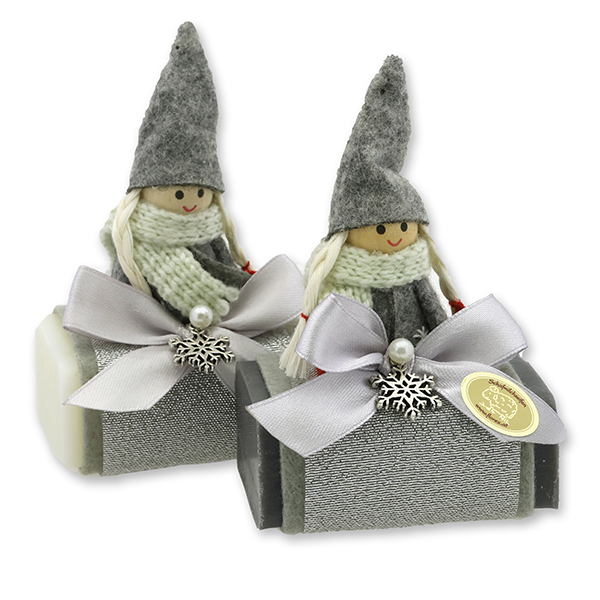 Sheep milk soap 100g decorated with a gnome, Classic/Christmas rose silver 