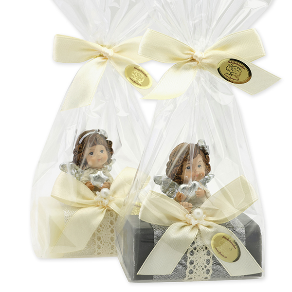 Sheep milk soap 100g decorated with an angel in cellophane, Classic/Christmas rose silver 