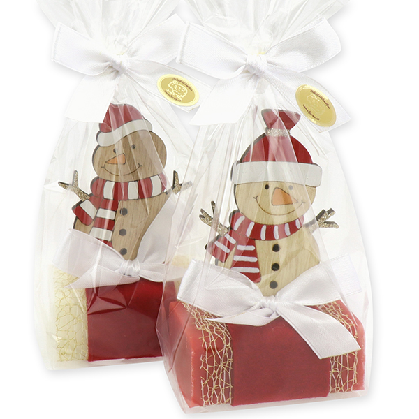 Schafmilchseife eckig 100g dekoriert mit Schneemann in Cello, Classic/Granatapfel 