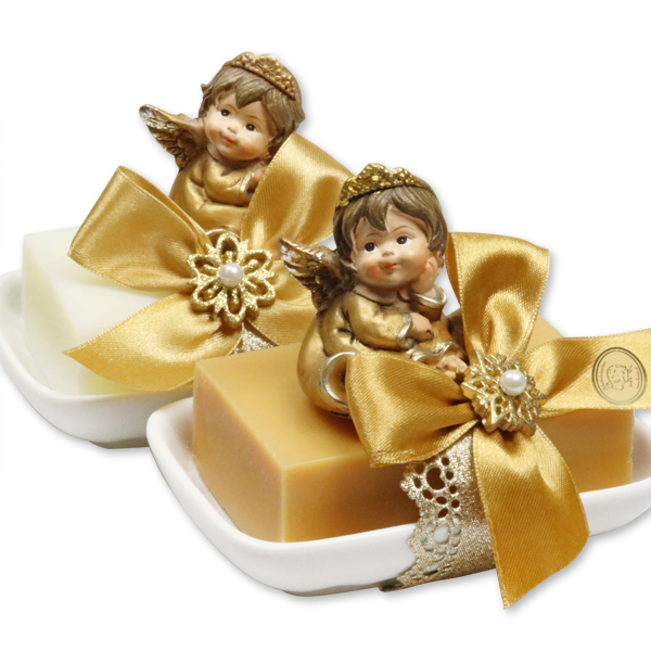 Sheep milk soap 150g on a soap dish decorated with an angel, Classic/Quince 