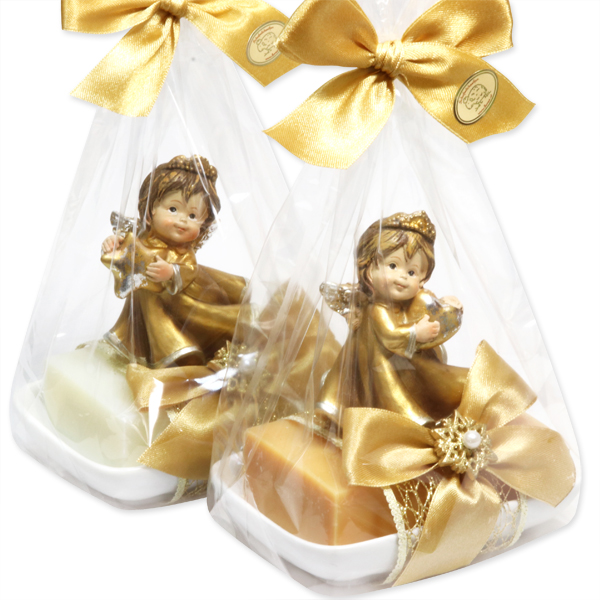 Sheep milk soap 150g on a soap dish decorated with an angel in a cellophane bag, Classic/Quince 