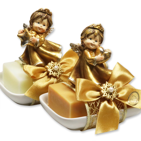 Sheep milk soap 150g on a soap dish decorated with an angel, Classic/Quince 