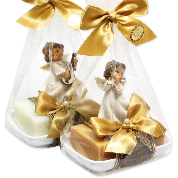 Sheep milk soap 150g on a soap dish decorated with an angel in a cellophane bag, Classic/quince 