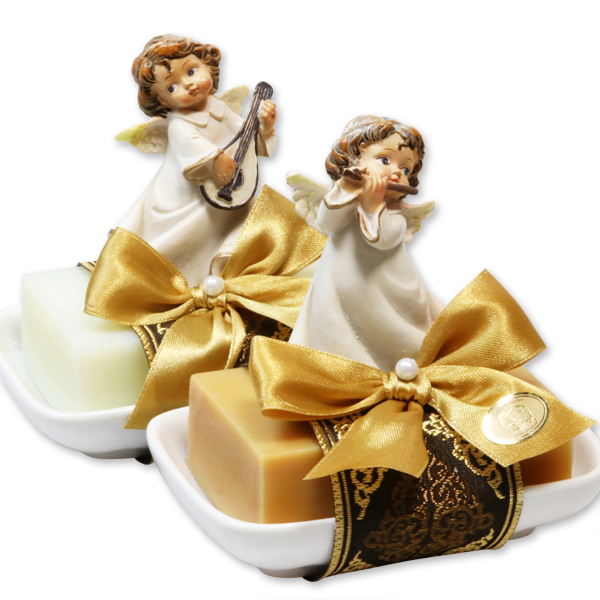 Sheep milk soap 150g on a soap dish decorated with an angel, Classic/quince 