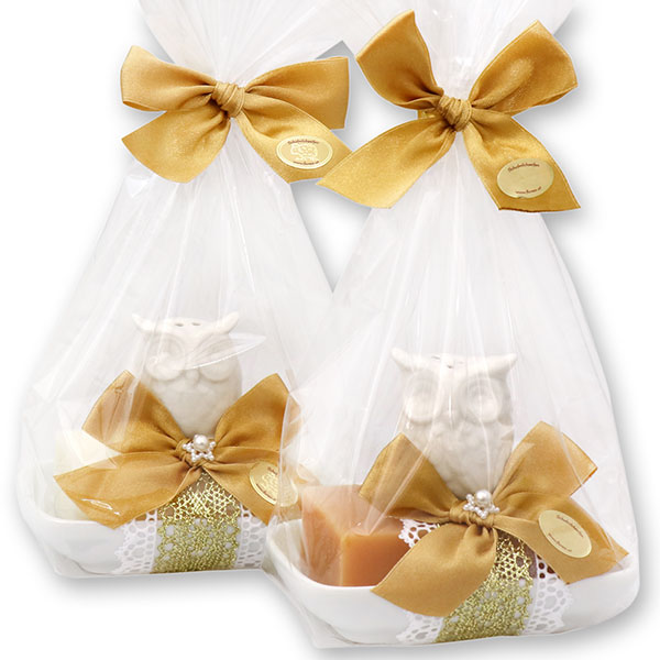 Sheep milk soap 150g on a soap dish decorated with an owl in a cellophane, Classic/quince 