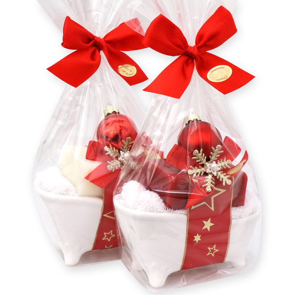 Sheep milk soap 100g, in a small bathtub decorated with a glass christmas ball in a cellophane, Classic/pomegranate 